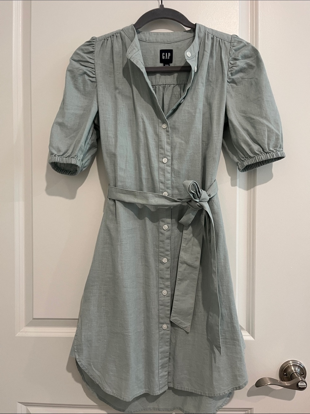 GAP Light Sage Button-Front Tie-Waist Midi Dress